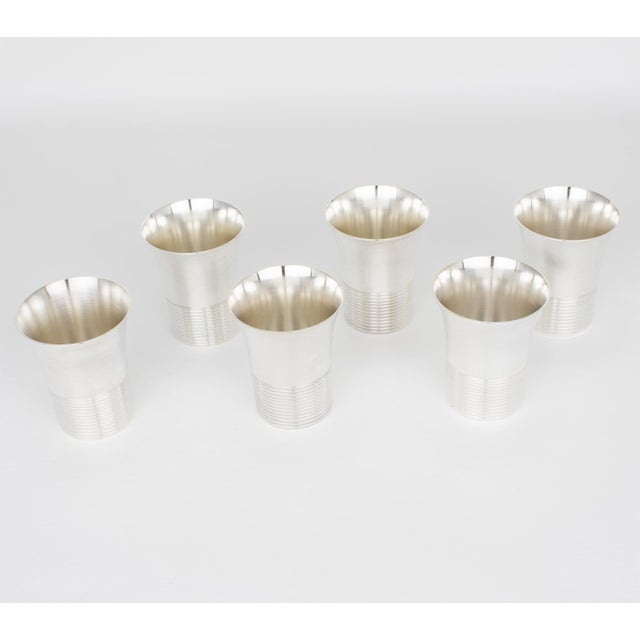 1940s Art Deco Silver Plate Cocktail Shaker and Six Barware Glasses - 7 pcs For Sale - Image 12 of 15