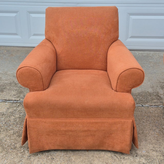 Traditional Vintage Square Back Rust Orange Upholstered Skirted Roll Arm Lounge Chairs - A Pair For Sale - Image 3 of 17