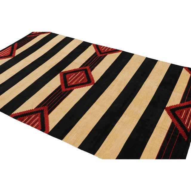 Rug & Kilim Rug & Kilim’s Contemporary Dhurrie Rug in Black and Red Medallions and Stripes For Sale - Image 4 of 7