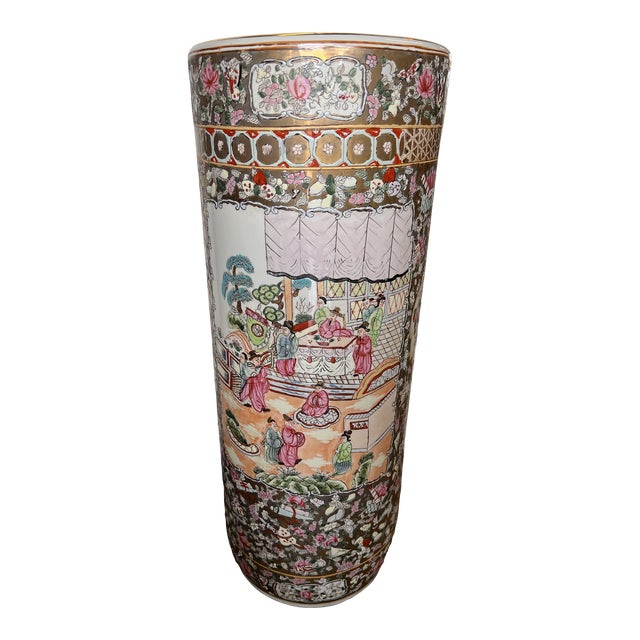 Mid Century Asian Umbrella/Cane Stand With Gold Accents Rose Medallion Style For Sale