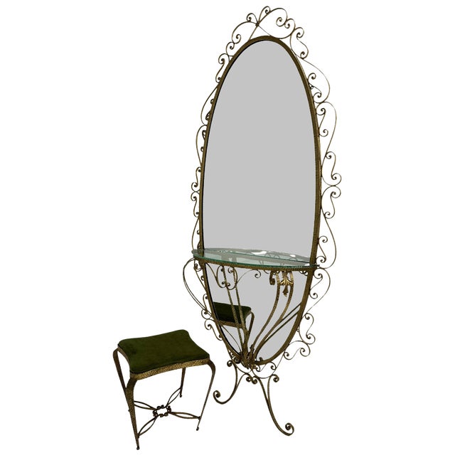 Italian Wall Mirror Console and Pouf attributed to Pierluigi Colli, 1960s, Set of 2 For Sale