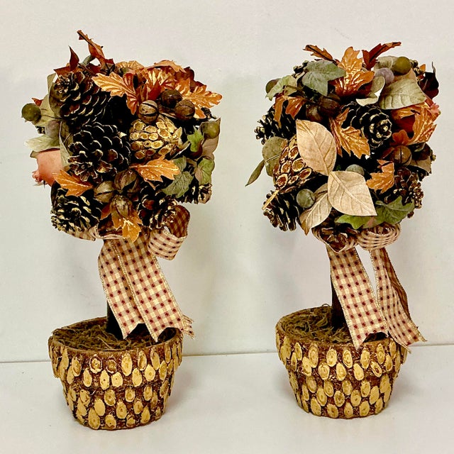 1980s Vintage Rustic Arts & Crafts Boho Chic Fall Mantel Centerpiece Topiaries - A Pair, Thanksgiving. For Sale - Image 14 of 16