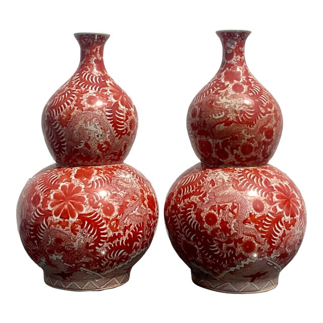 Vintage Asian Glazed Ceramic Double Gourd Vases - A Pair For Sale