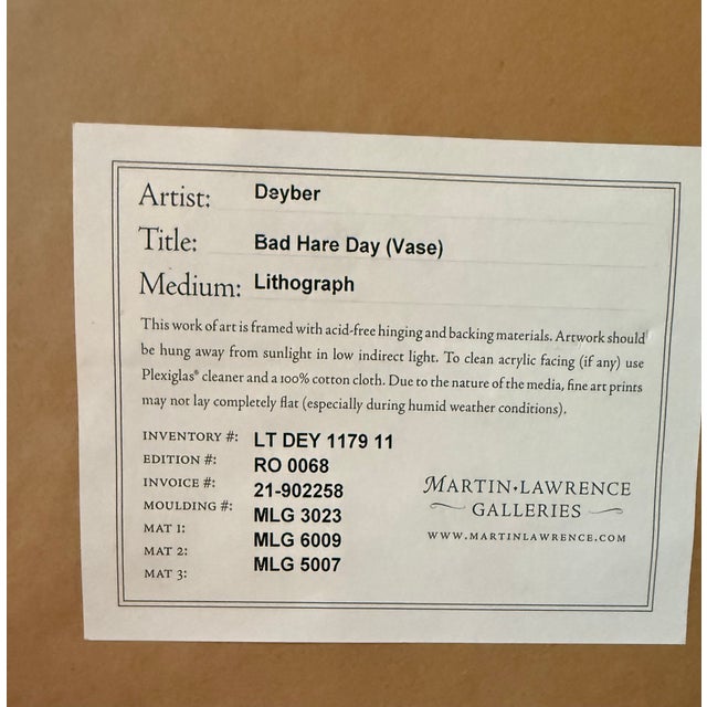 This is an authentic lithograph from Robert Deyber, a whimsical ‘Bad Hare Day (Vase)’ framed. The print is 11 3/4 x 11...