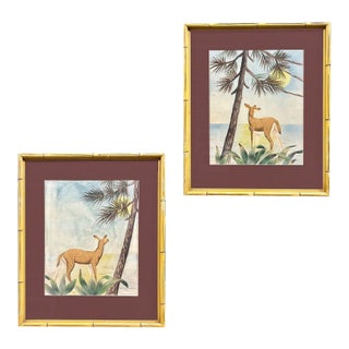 Deer Scenic Watercolor on Paper Signed by Shirrell Graves in Bamboo Frame, Pair For Sale