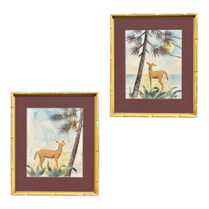 Deer Scenic Watercolor on Paper Signed by Shirrell Graves in Bamboo Frame, Pair