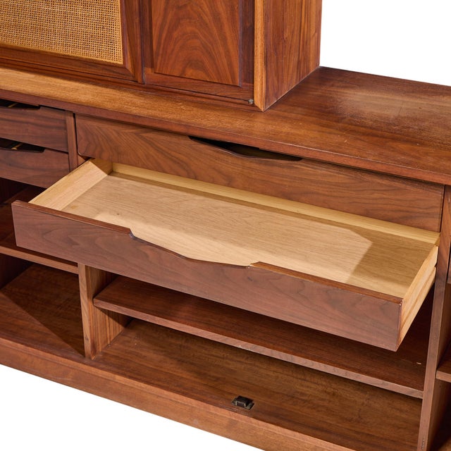 Mid 20th Century Jack Cartwright for Founders Mid Century Walnut and Cane Credenza and Hutch For Sale - Image 11 of 15