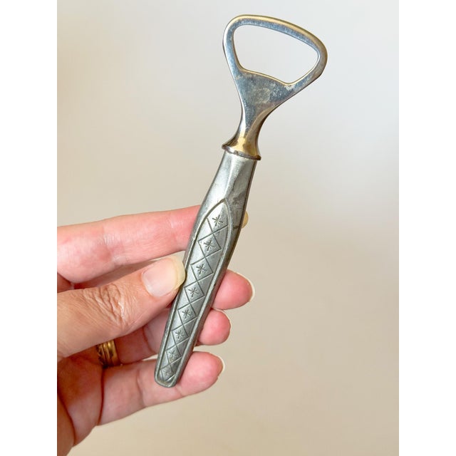 Fun 1950s Atomic style Pewter Bottle Opener by Norwegian brand Hardanger Tinn. Pewter handle with mid-century atomic star...