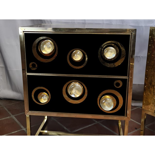 Italian Black Murano Glass and Brass Two-Drawer Nightstands from Justfurnituress SRL, Set of 2 For Sale - Image 4 of 9