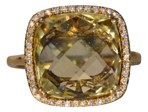 The 38th Avenue: Checkerboard Cut Lemon Citrine and Diamond Halo Ring in Yellow Gold