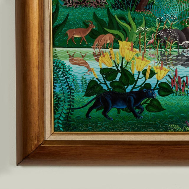 Textile Vintage Haitian Painting of a Jungle Scene With Animals For Sale - Image 7 of 11