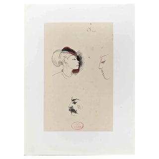 Eugène Giraud, Profiles, Original Ink and Watercolor, Late 19th-Century For Sale