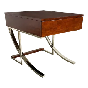 Late 20th Century Modern Broyhill Chrome & Wood Cantilever Base End or Side Table With Drawer