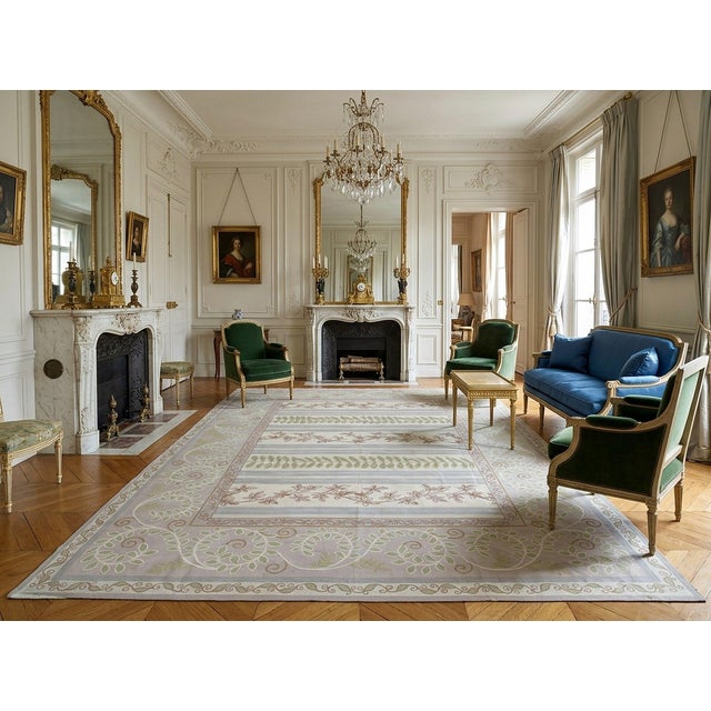 9x12 Vintage Aubusson Flat Weave Wool Rug, Lilac Grey Fern and Vine Stripe For Sale - Image 14 of 16