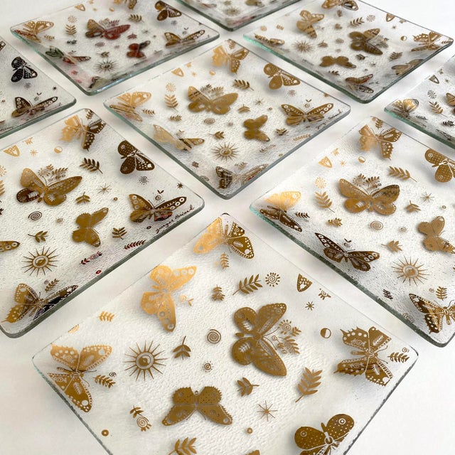 Vintage 1960's Mid Century Modern Georges Briard Gold Leaf Butterflies Glass Canape Hors d'Oeuvre Square Plates - Set of 9 For Sale - Image 11 of 12