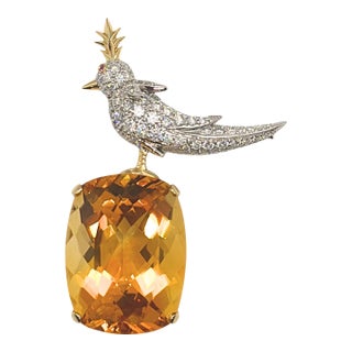 Tiffany & Co. Schlumberger Citrine Bird on a Rock Diamond 18k Gold & Platinum Pin Brooch For Sale