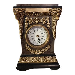 1970s Neoclassical Empire Revival Rose Breccia Marble & Gilt Metal Mantel Clock For Sale