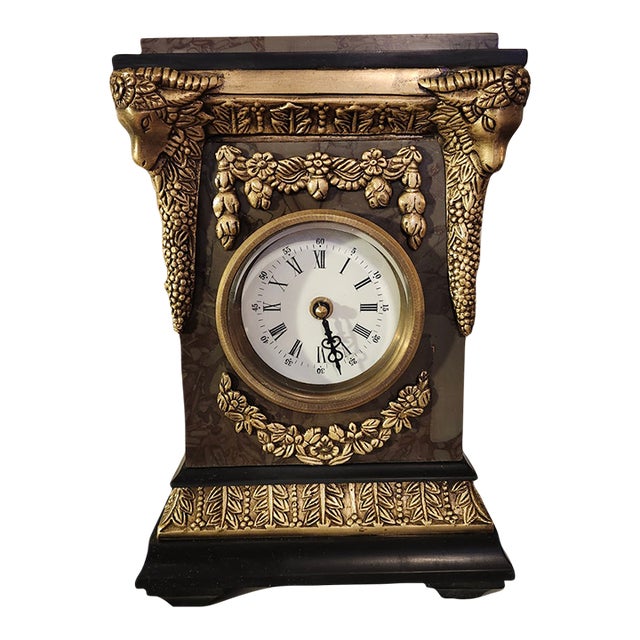 1970s Neoclassical Empire Revival Rose Breccia Marble & Gilt Metal Mantel Clock For Sale