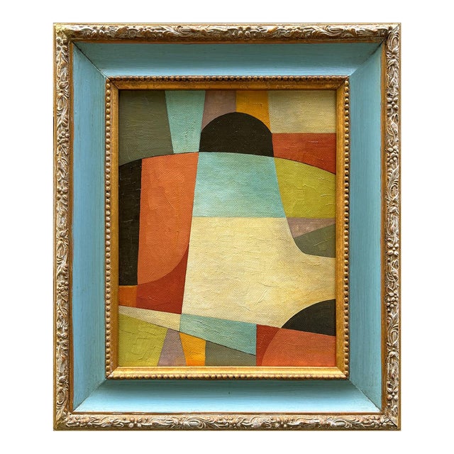 Contemporary Abstract Oil Painting in Vintage Blue Painted Frame For Sale