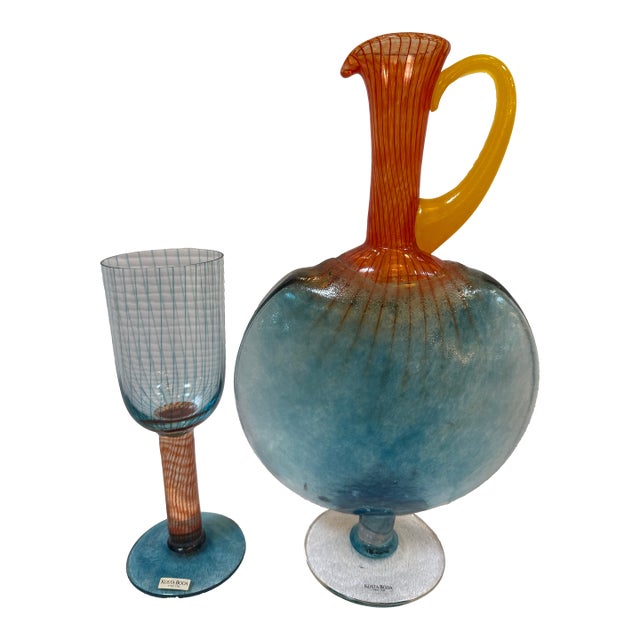 Circa 1989 Kjell Engman for Kosta Boda Bon Bon Art Glass Pitcher + Goblet, Set For Sale