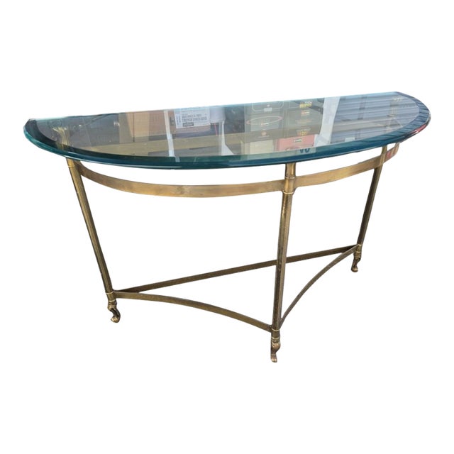 Vintage Half Moon Glass Top Brass Metal Claw Hoofed Feet Console Table For Sale