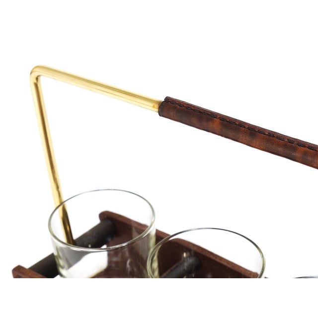 Drinking Glass Carrying Rack in Leather & Brass attributed to Carl Auböck, Austria, 1950s For Sale - Image 12 of 18