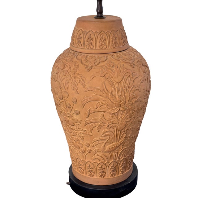 Vintage 1970"s Chapman Chinoiserie Relief-Carved Terracotta Lamp Add a touch of timeless sophistication to your space with...