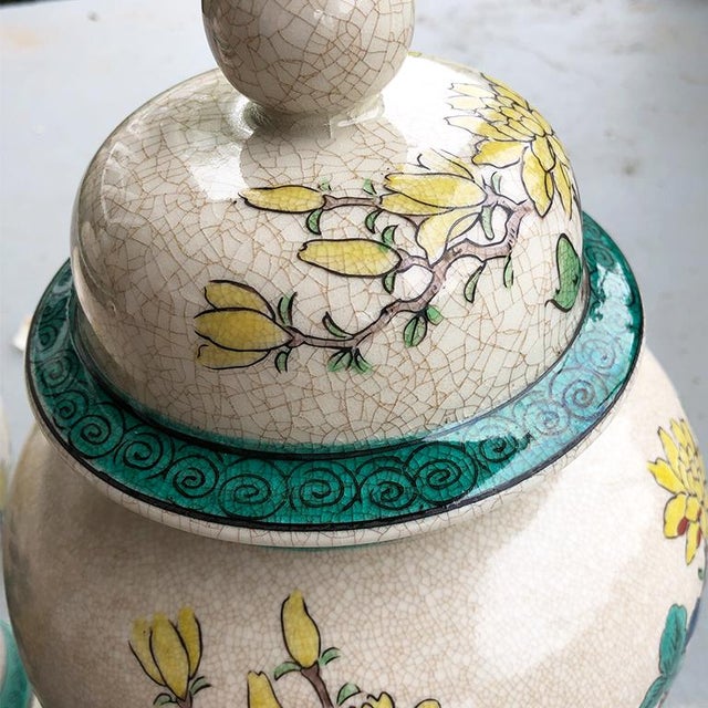 Emerald Green and Yellow Floral Ceramic Ginger Jars or Urns With Lids