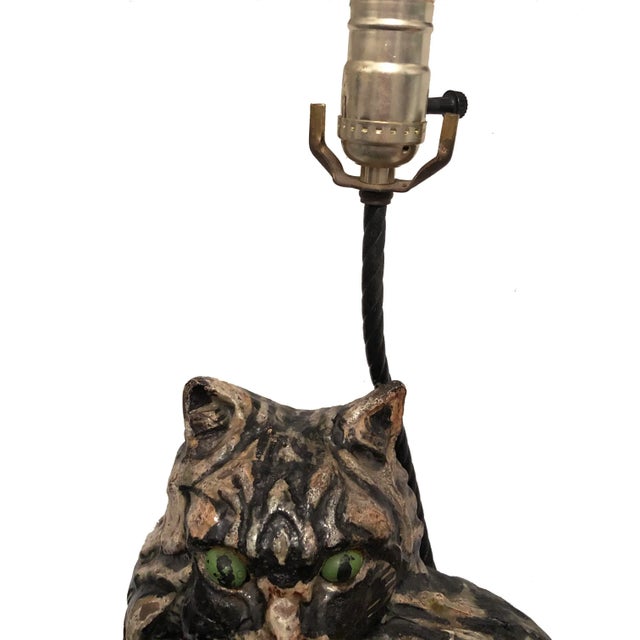 Amazing Painted Pottery/Terracotta/Redware ( ? ) Lamp of a very curious cat with Amazing eyes! Large in scale, measures...