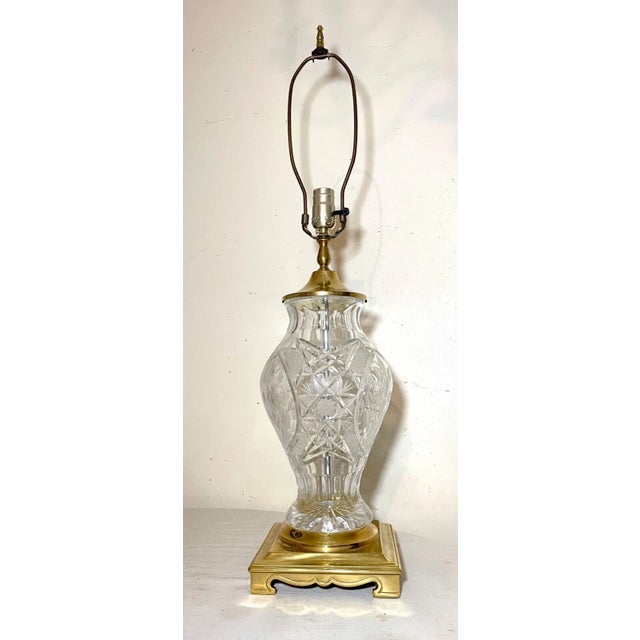High Quality Vintage Brass Clear Cut Glass Etched Crystal Electric Table Lamp For Sale - Image 4 of 14