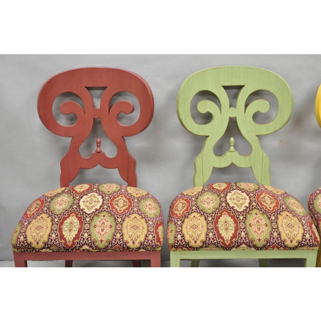 Contemporary Regency Style Red Green Yellow Scroll Back Dining Chairs - Set of 8 For Sale - Image 4 of 18