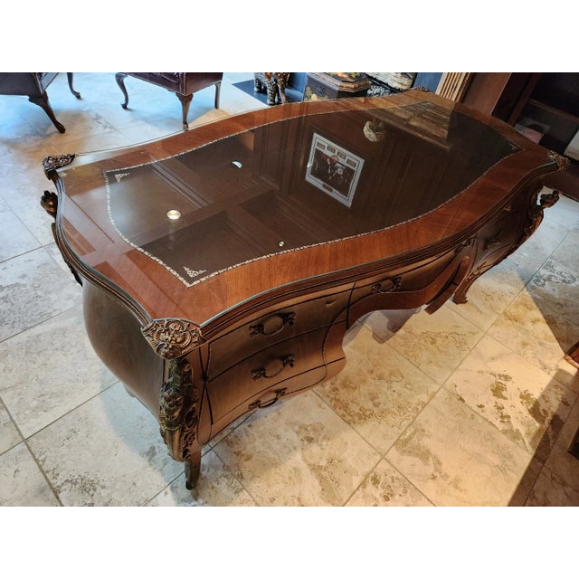 French Louis XV Rococo Bombe Inlay Burlwood Parquetry Office Desk ...