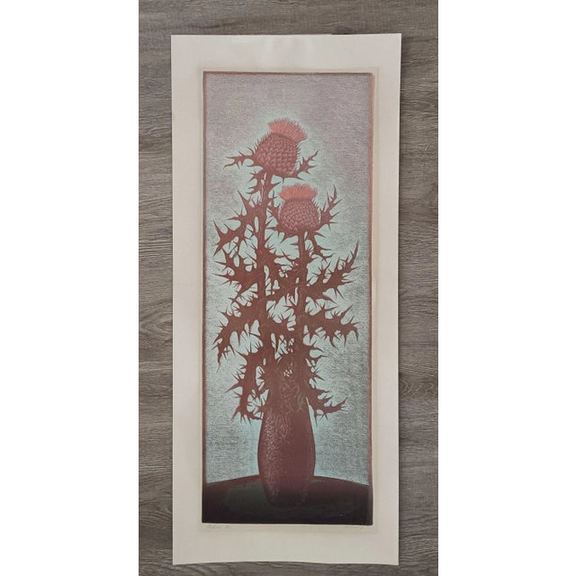 Vintage Mid Century Blue and Purple Thistle Block Print For Sale - Image 4 of 5