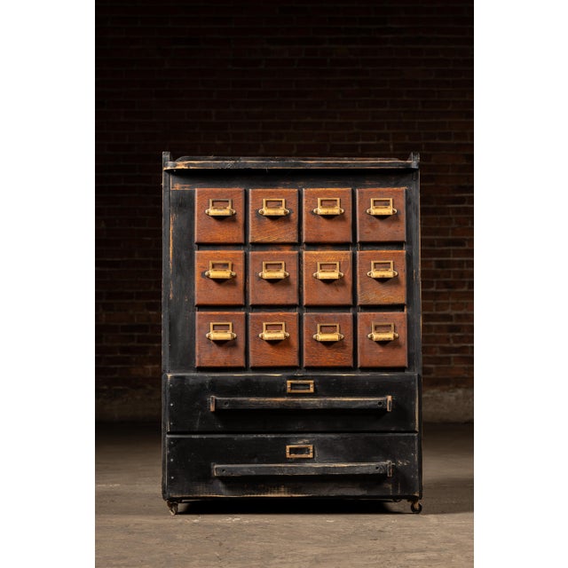 Early 20th Century Early 20th Century Wooden 14 Drawer Rolling Shop Cabinet in Distressed Black For Sale - Image 5 of 10