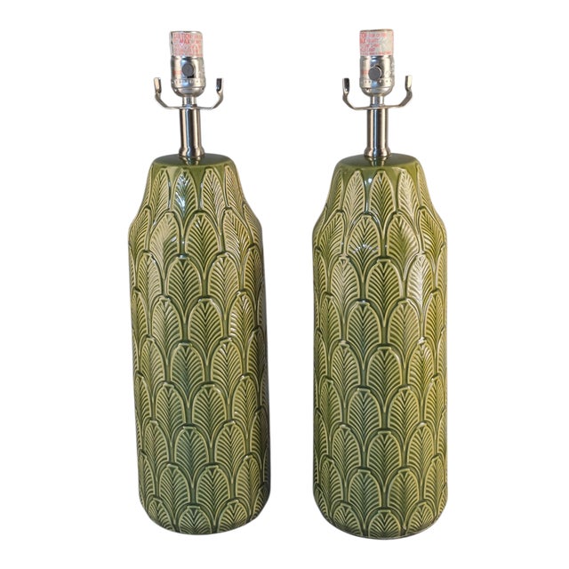 Pair of Ceramic Table Lamps Banana Leaf Pattern Tropical Green Color For Sale - Image 10 of 10