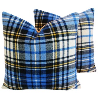 Blue Scottish Tartan Plaid Wool Pillows 24" Square - Pair For Sale
