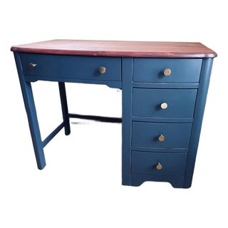 1970s Restored Vintage Stanley Furniture Desk — Walnut-Stained Top, Charcoal Gray, Brass Hardware For Sale