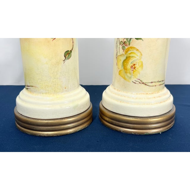 1950s 1939 Loevsky & Loevsky Hand-Painted Floral Cylinder Lamps - a Pair For Sale - Image 5 of 12