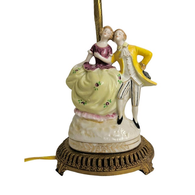 Rococo Vintage French Porcelain Courting Couple Boudoir Table Lamps With Ormolu Bases – Rococo Style - a Pair For Sale - Image 3 of 16