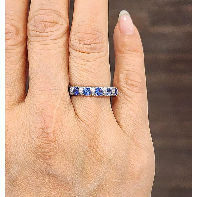 Modern 3.68 Ct Sapphire & Diamond Eternity Band Size 6.5 For Sale - Image 3 of 9