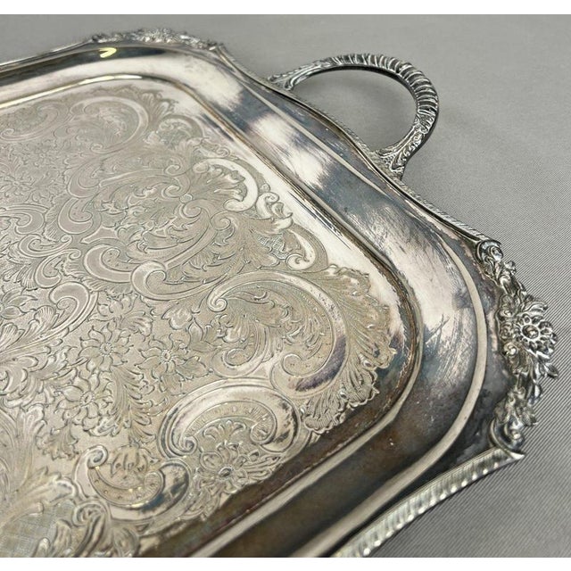 Vintage English Ornate Engraved Metal Twin Handle Tray For Sale - Image 14 of 18