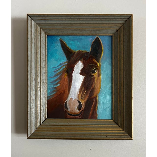Original oil painting on canvas board, portrait of a horse. By artist Alexandra Brown, signed en verso. Features a brown...
