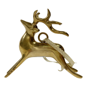 Vintage Brass Reindeer Holiday Ornament With Gold Hanging Ribbon