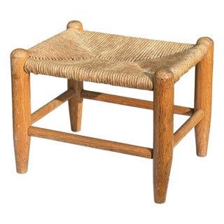 Vintage Woven Rush Seat Wooden Footstool For Sale