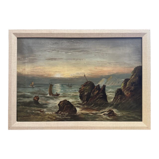 Mid-Century Sea Oil Painting With Linen Frame For Sale
