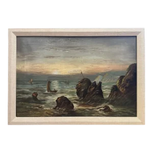 Mid-Century Sea Oil Painting With Linen Frame