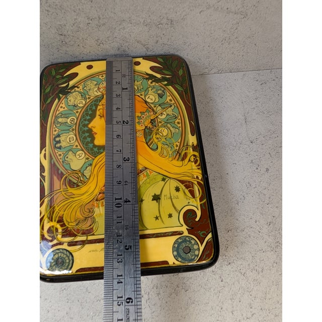 1990s Large Hand-Painted Russian Lacquer Box — “Zodiac” After Mucha, Signed For Sale - Image 10 of 10