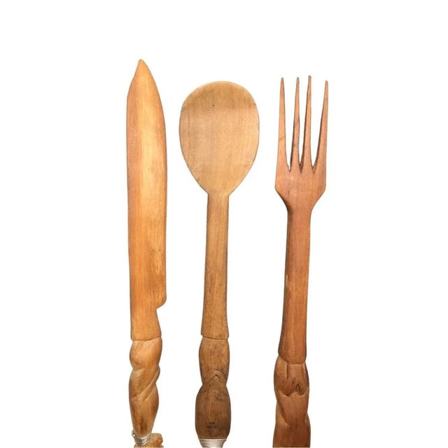 Mid Century Tribal Hand Carved Wooden Serving Utensils- Set of 3 For Sale - Image 9 of 12