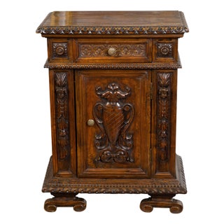 Small Italian 1800s Walnut Cabinet with Carved Urn, Foliage and Mascaron Décor For Sale
