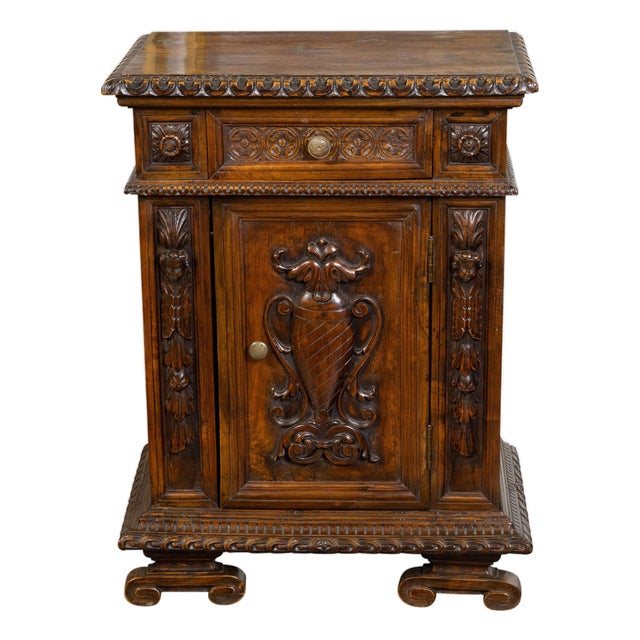 Small Italian 1800s Walnut Cabinet with Carved Urn, Foliage and Mascaron Décor For Sale